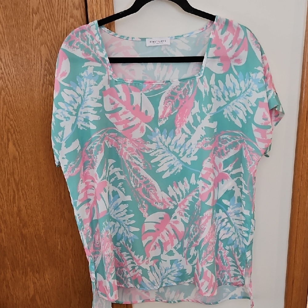 First Love Tropical Leaf Print Blouse - Pink and Green